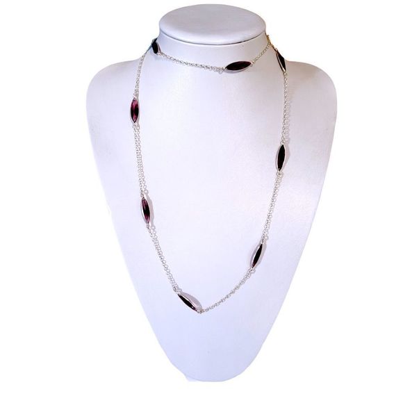 Silver-Tone Amethyst Color Purple Glass Marquise Cut Bezel Set Necklace 40" - Picture 3 of 6